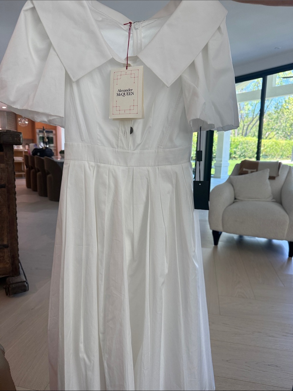 Alexander McQueen White Cotton Fit-and-Flare Dress with Wide Collar